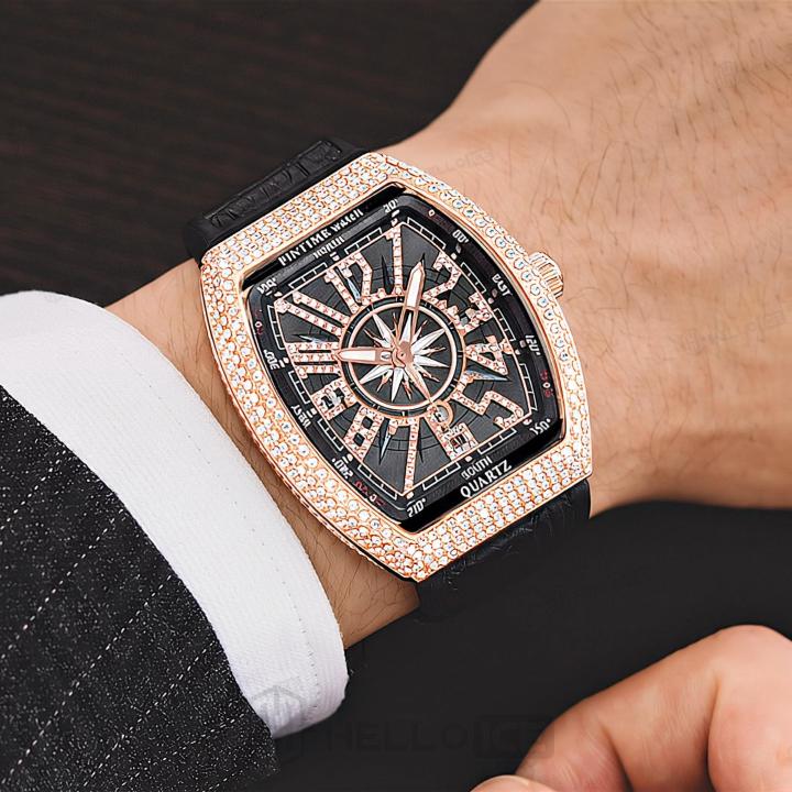 Men's Iced Arabic Numerals Watch with Black Strap