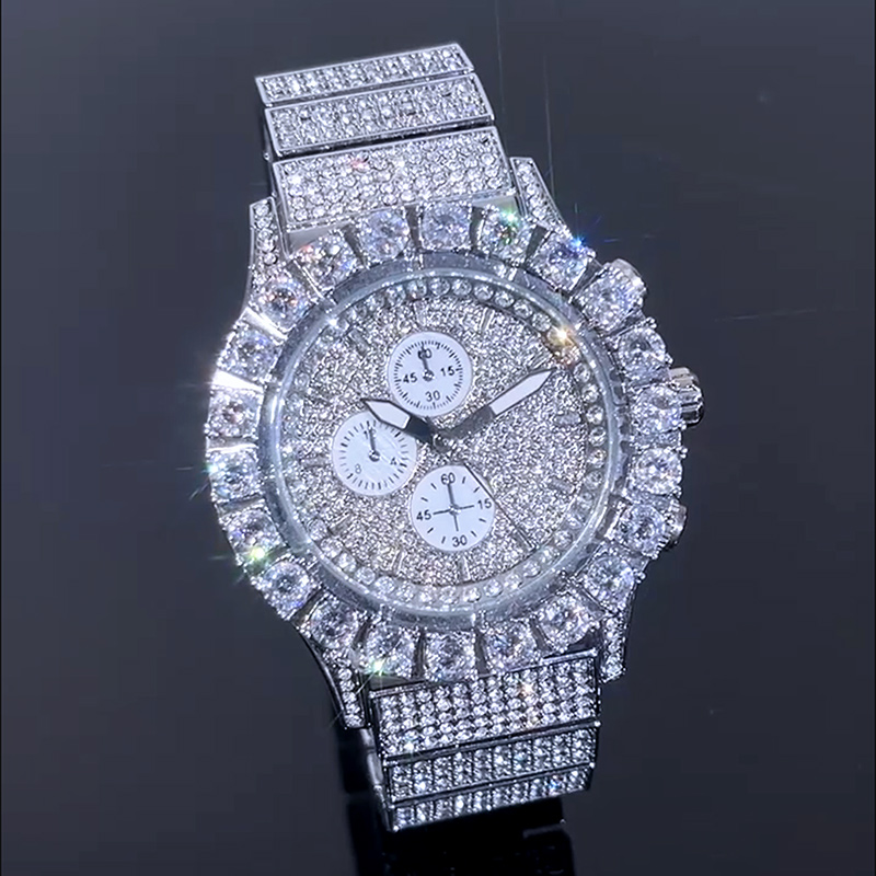 Iced Round Cut Luminous Men's Watch in White Gold