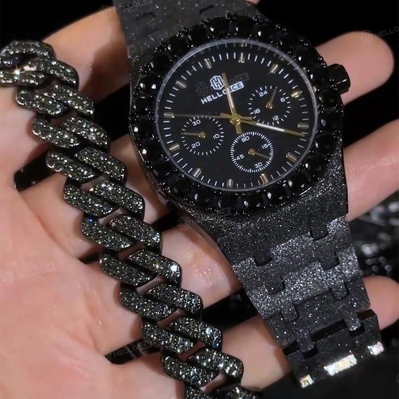 14mm Iced Miami Cuban Bracelet in Black Gold