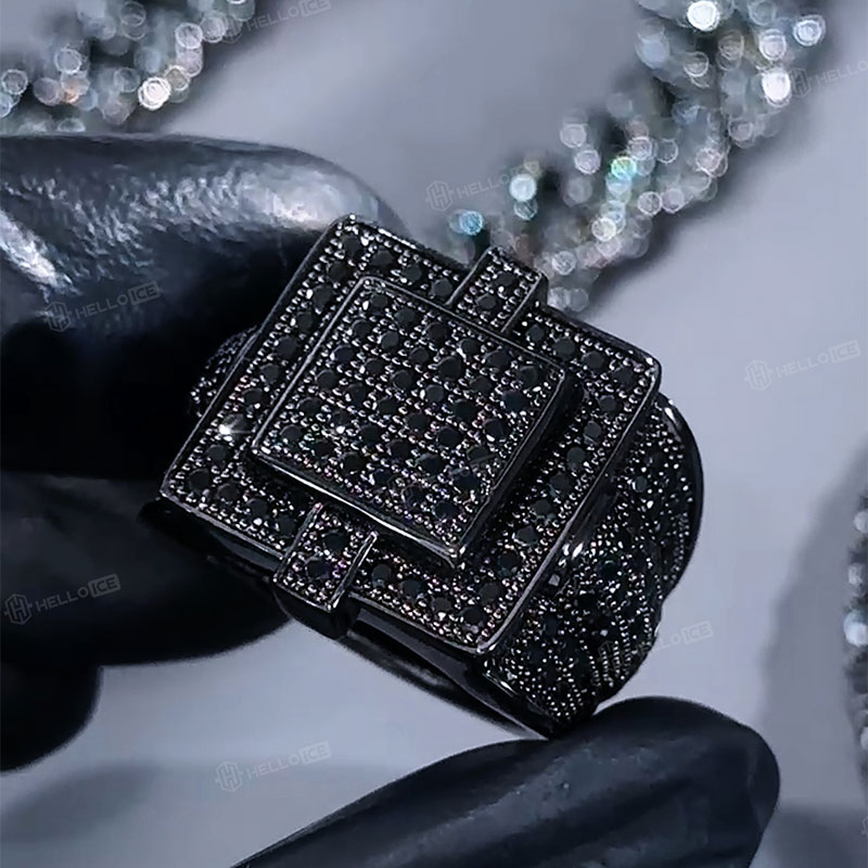 Square Iced Out Ring with Black Stones