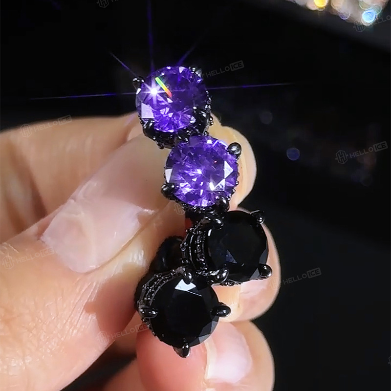 Black/Purple/Blue Round&Baguette Cut Full Paved Earrings in Black Gold