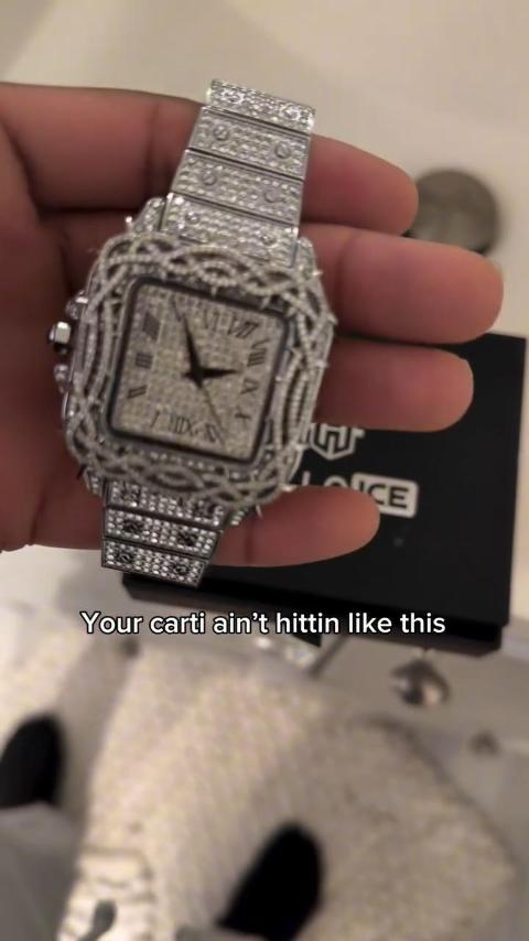 Iced Out Thorn Crown Square Quartz Men's Watch in White Gold